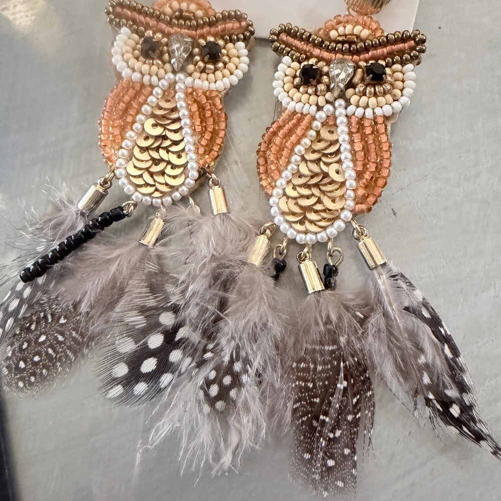 Chico's Beaded Owl Earrings with Feathers